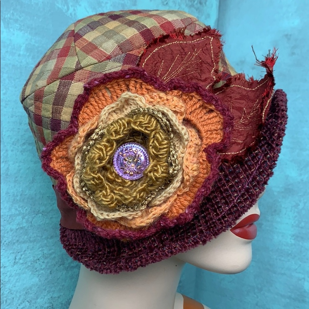 Custom cloche hat plum orange red gold